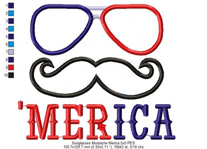 Funny ‘Merica Sunglasses & Mustache – Appliqué – Machine Embroidery Design
