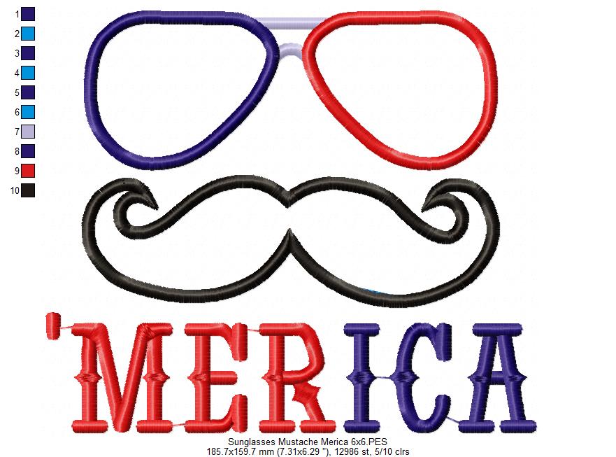 Funny ‘Merica Sunglasses & Mustache – Appliqué – Machine Embroidery Design