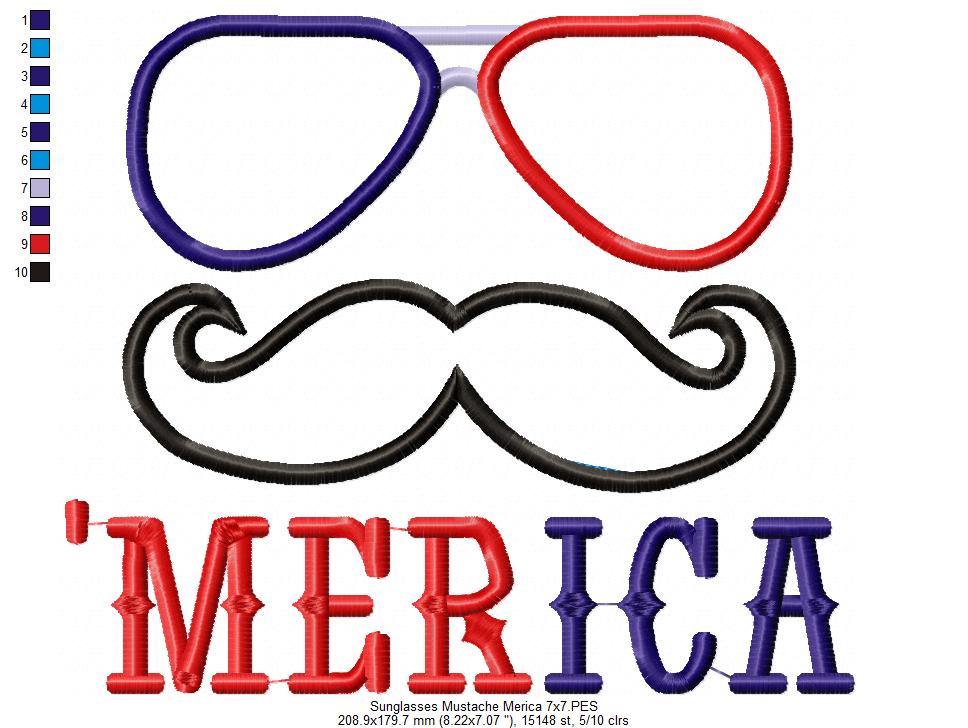 'AMerica Sunglasses and Mustache 4th of July - Applique-Machine Embroidery Design