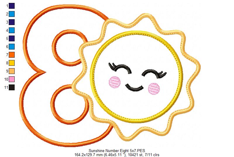 Sunshine Number 8 Eight 8th Birthday - Applique