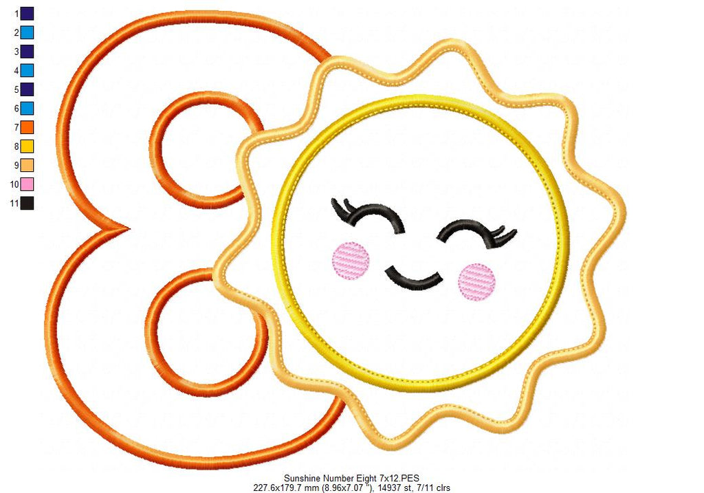 Sunshine Number 8 Eight 8th Birthday - Applique