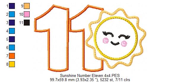 Sunshine Number Eleven 11 Elenth Birthday - Applique