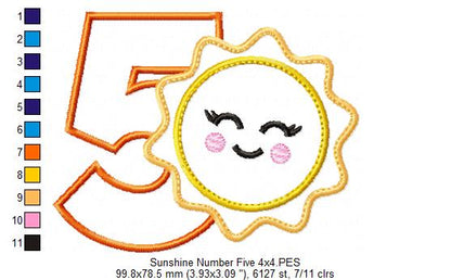 Sunshine Number 5 Five 5th Birthday - Applique