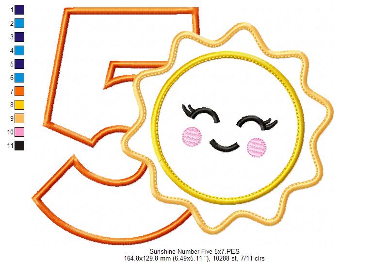 Sunshine Number 5 Five 5th Birthday - Applique