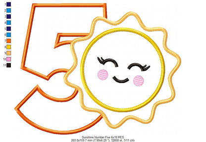Sunshine Number 5 Five 5th Birthday - Applique