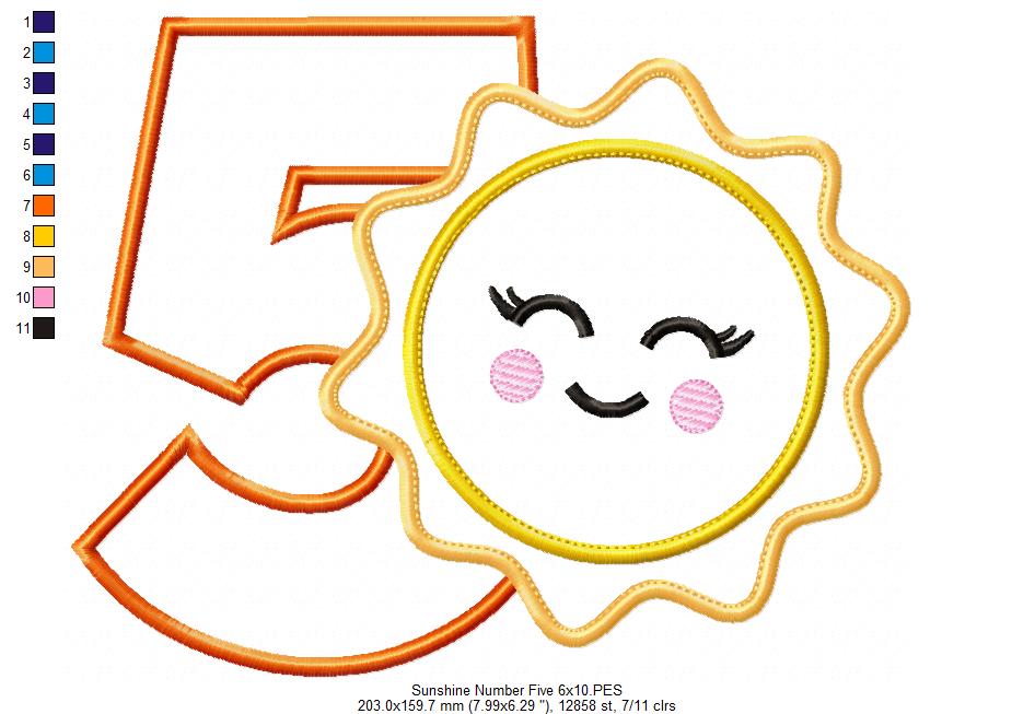 Sunshine Number 5 Five 5th Birthday - Applique