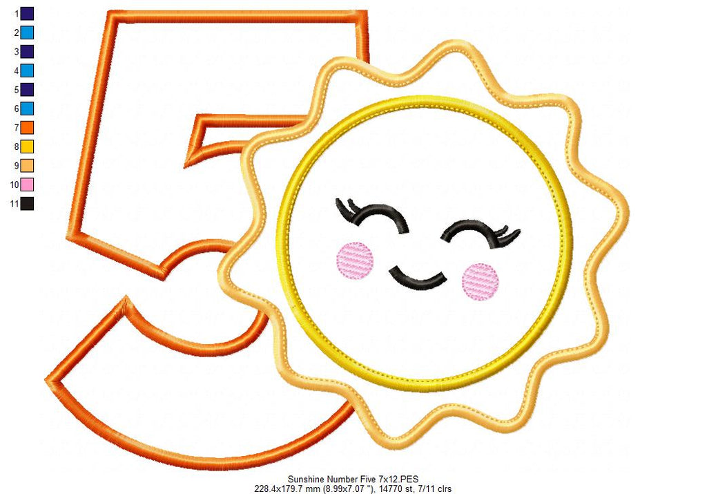 Sunshine Number 5 Five 5th Birthday - Applique