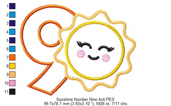Sunshine Number 9 Nine 9th Birthday - Applique