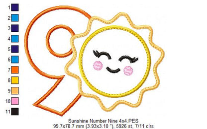 Sunshine Number 9 Nine 9th Birthday - Applique