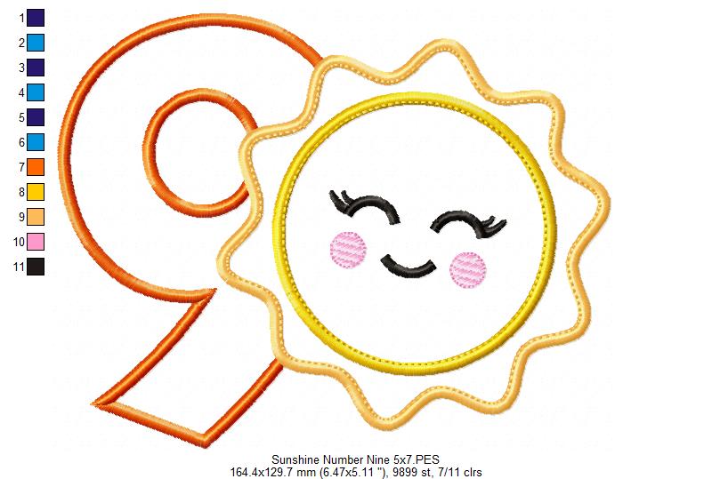 Sunshine Number 9 Nine 9th Birthday - Applique