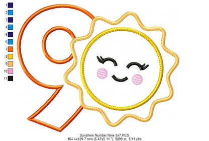 Sunshine Number 9 Nine 9th Birthday - Applique