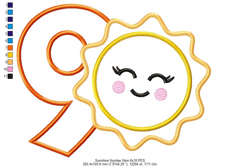 Sunshine Number 9 Nine 9th Birthday - Applique