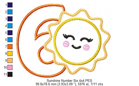 Sunshine Number 6 Six 6th Birthday - Applique