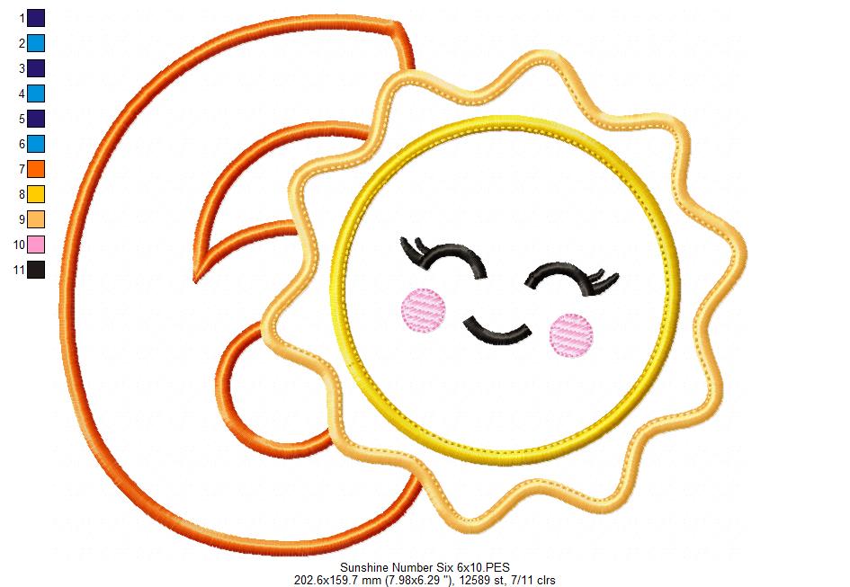 Sunshine Number 6 Six 6th Birthday - Applique