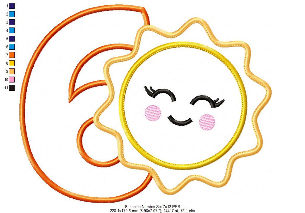 Sunshine Number 6 Six 6th Birthday - Applique