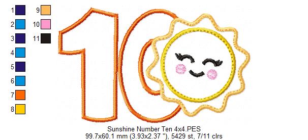 Sunshine Number Ten 10 Tenth Birthday - Applique