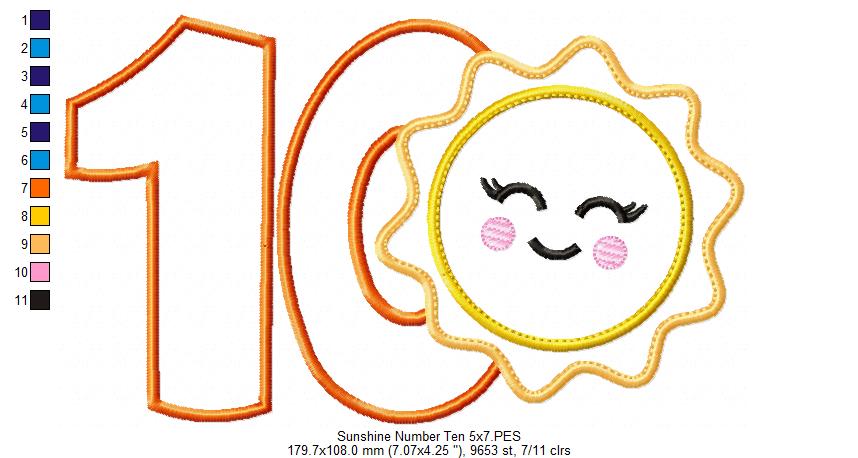 Sunshine Number Ten 10 Tenth Birthday - Applique