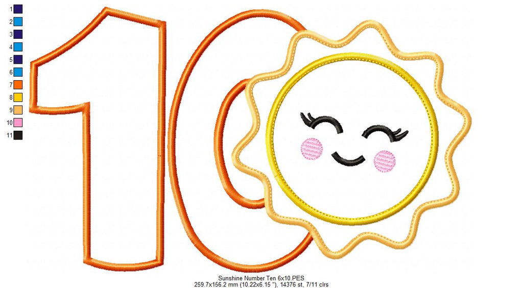 Sunshine Number Ten 10 Tenth Birthday - Applique