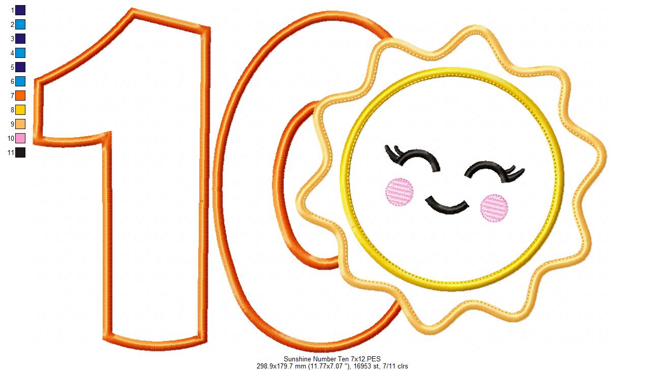 Sunshine Number Ten 10 Tenth Birthday - Applique