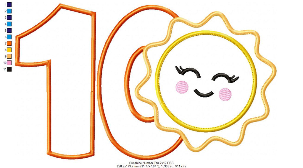 Sunshine Number Ten 10 Tenth Birthday - Applique