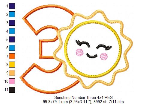 Sunshine Number 3 Three 3rd Birthday - Applique