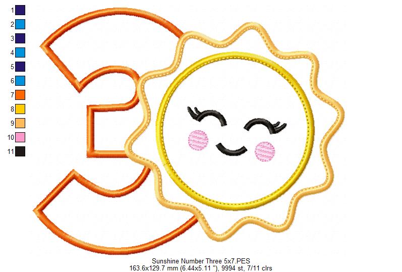 Sunshine Number 3 Three 3rd Birthday - Applique