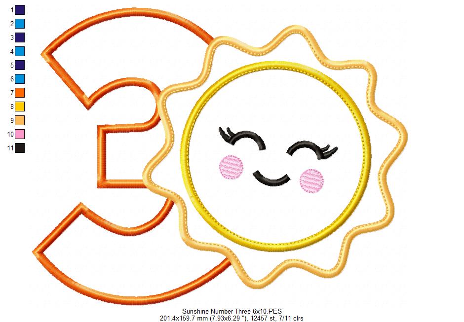 Sunshine Number 3 Three 3rd Birthday - Applique