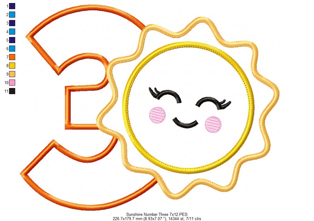 Sunshine Number 3 Three 3rd Birthday - Applique