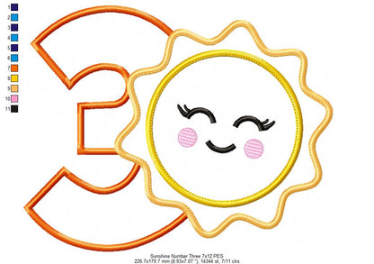 Sunshine Number 3 Three 3rd Birthday - Applique