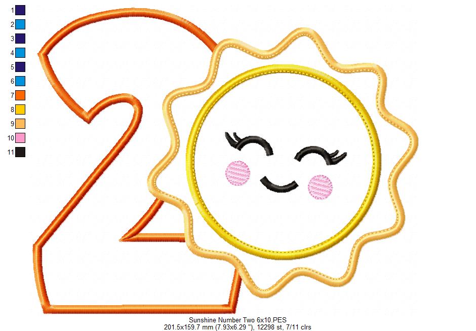 Sunshine Number 2 Two 2nd Birthday - Applique