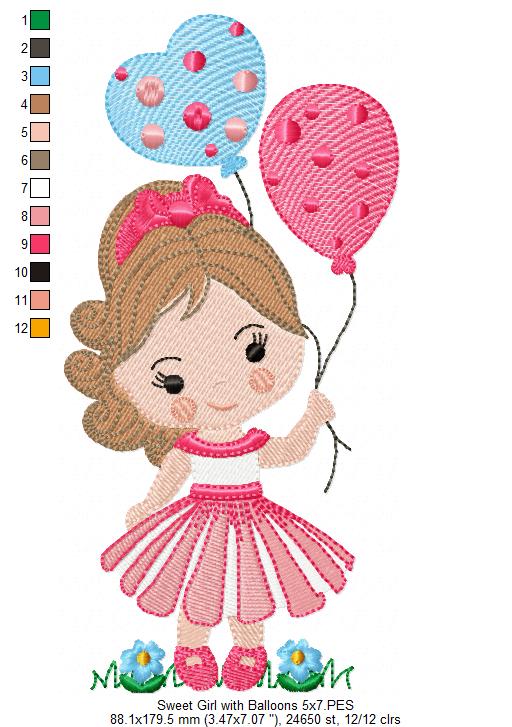 Sweet Girl with Balloons - Fill Stitch