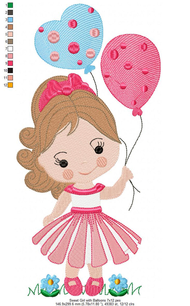 Sweet Girl with Balloons - Fill Stitch