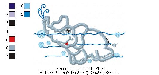 Swimming Elephant - Applique - Machine Embroidery Design