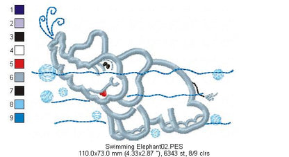 Swimming Elephant - Applique - Machine Embroidery Design