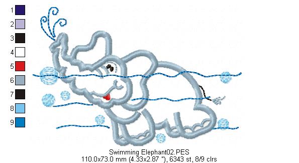 Swimming Elephant - Applique - Machine Embroidery Design