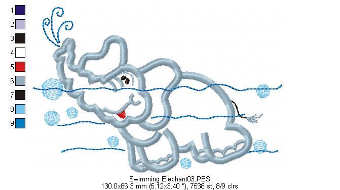 Swimming Elephant - Applique - Machine Embroidery Design