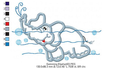Swimming Elephant - Applique - Machine Embroidery Design