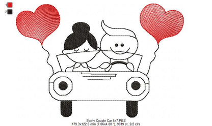 Sweet Couple in Love Car – Fill Stitch – Machine Embroidery Design