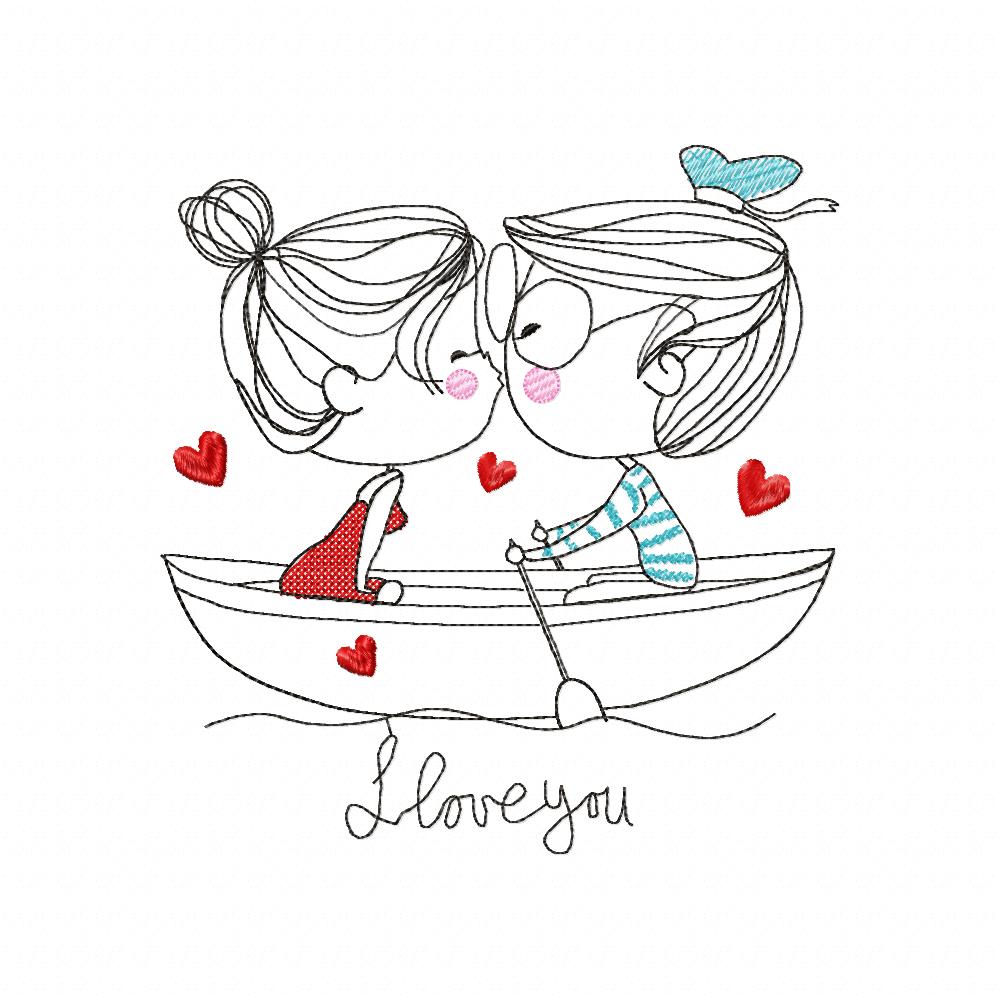 Swirly Couple on the Boat – Redwork Stitch – Machine Embroidery Design
