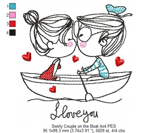 Swirly Couple on the Boat – Redwork Stitch – Machine Embroidery Design