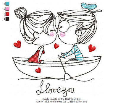 Swirly Couple on the Boat – Redwork Stitch – Machine Embroidery Design