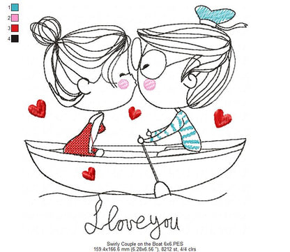 Swirly Couple on the Boat – Redwork Stitch – Machine Embroidery Design
