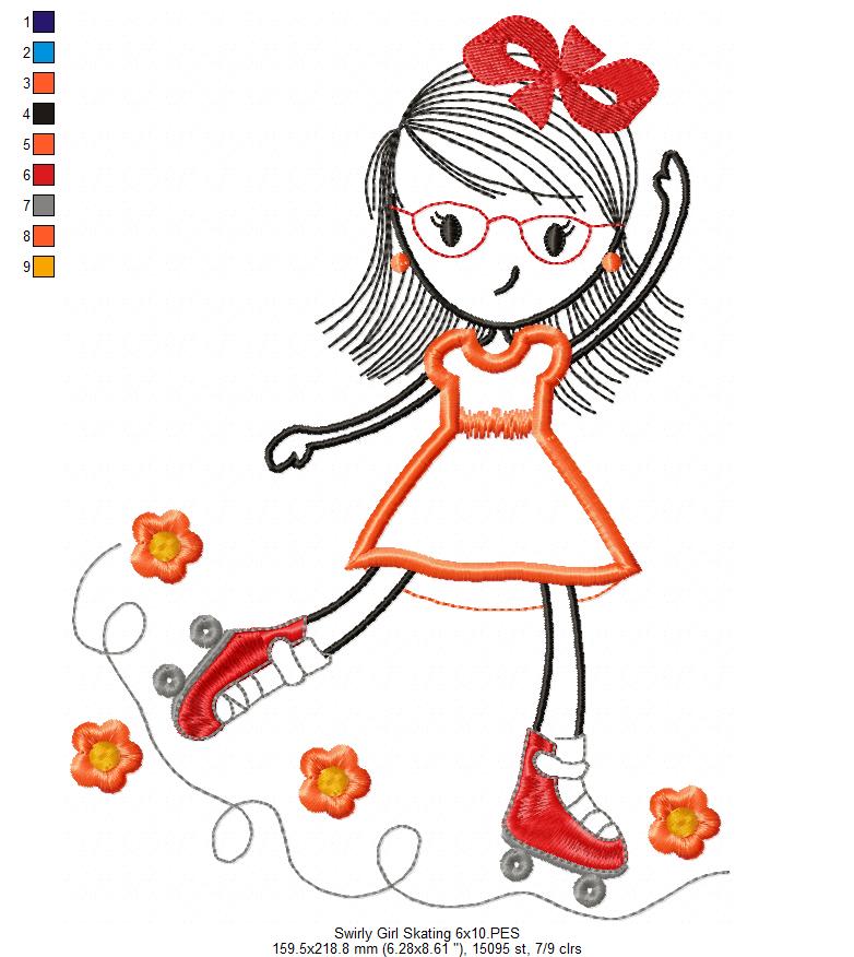 Swirly Girl Skating - Applique Embroidery