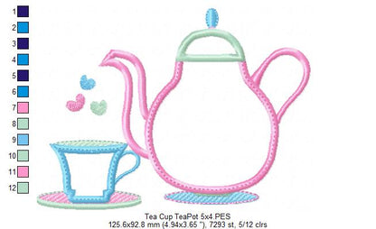 Teapot and Teacup - Applique - Machine Embroidery Design
