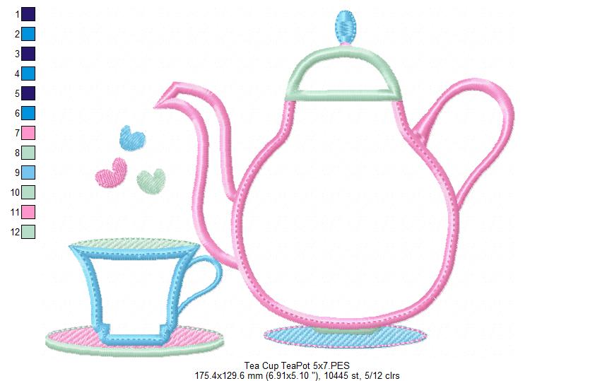 Teapot and Teacup - Applique - Machine Embroidery Design