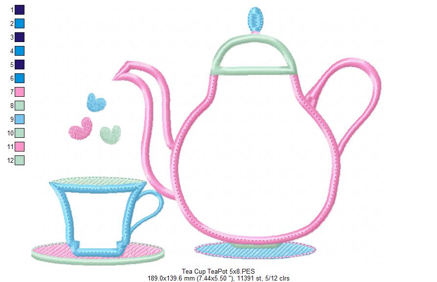 Teapot and Teacup - Applique - Machine Embroidery Design