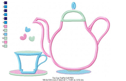 Teapot and Teacup - Applique - Machine Embroidery Design