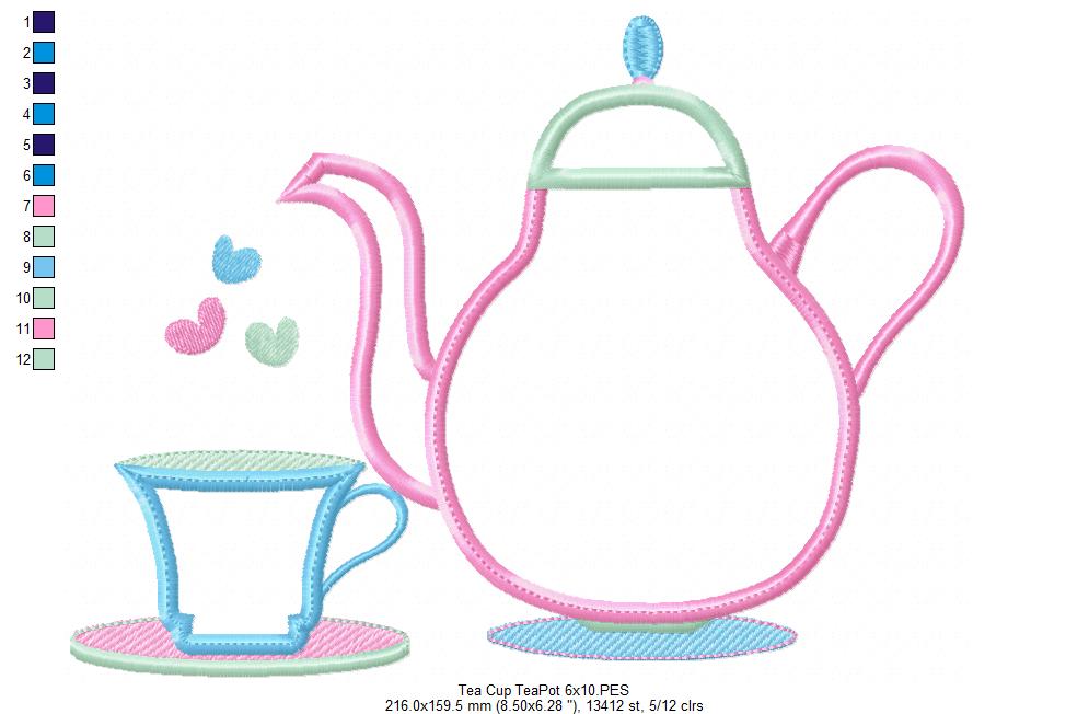 Teapot and Teacup - Applique - Machine Embroidery Design