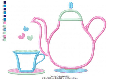 Teapot and Teacup - Applique - Machine Embroidery Design