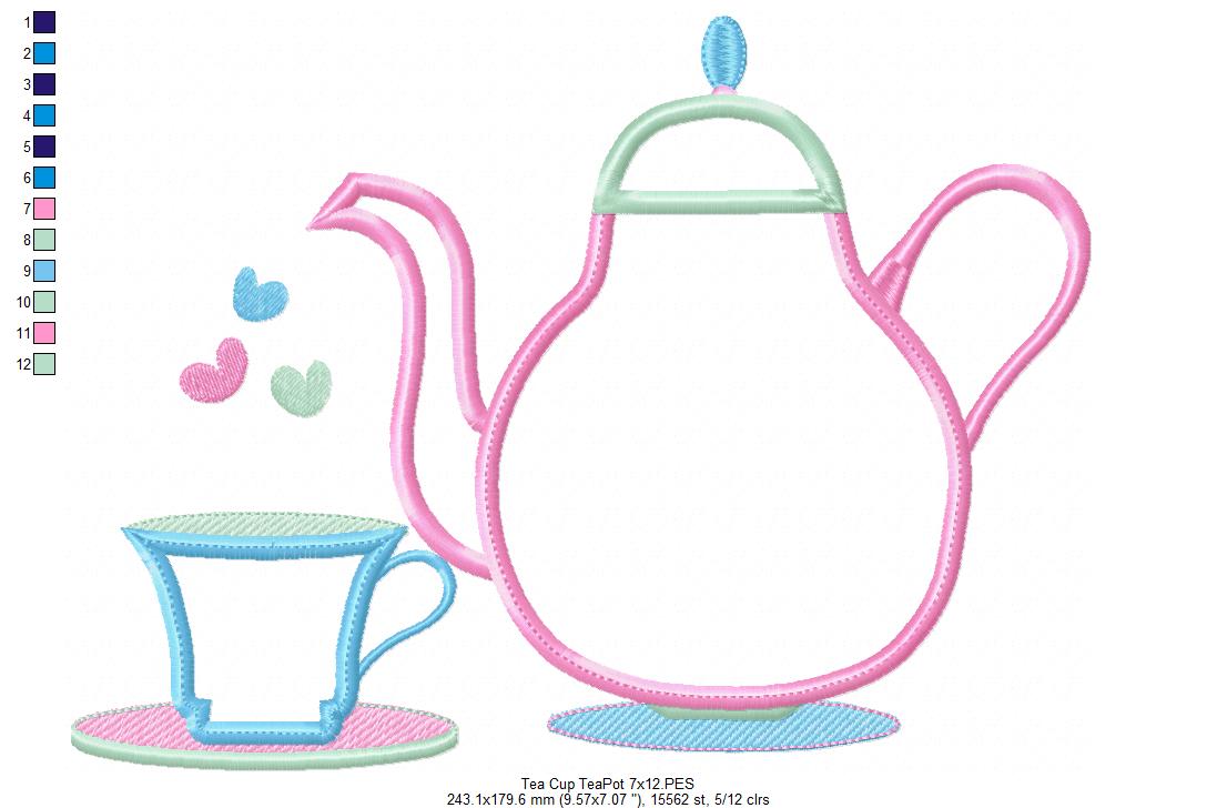 Teapot and Teacup - Applique - Machine Embroidery Design